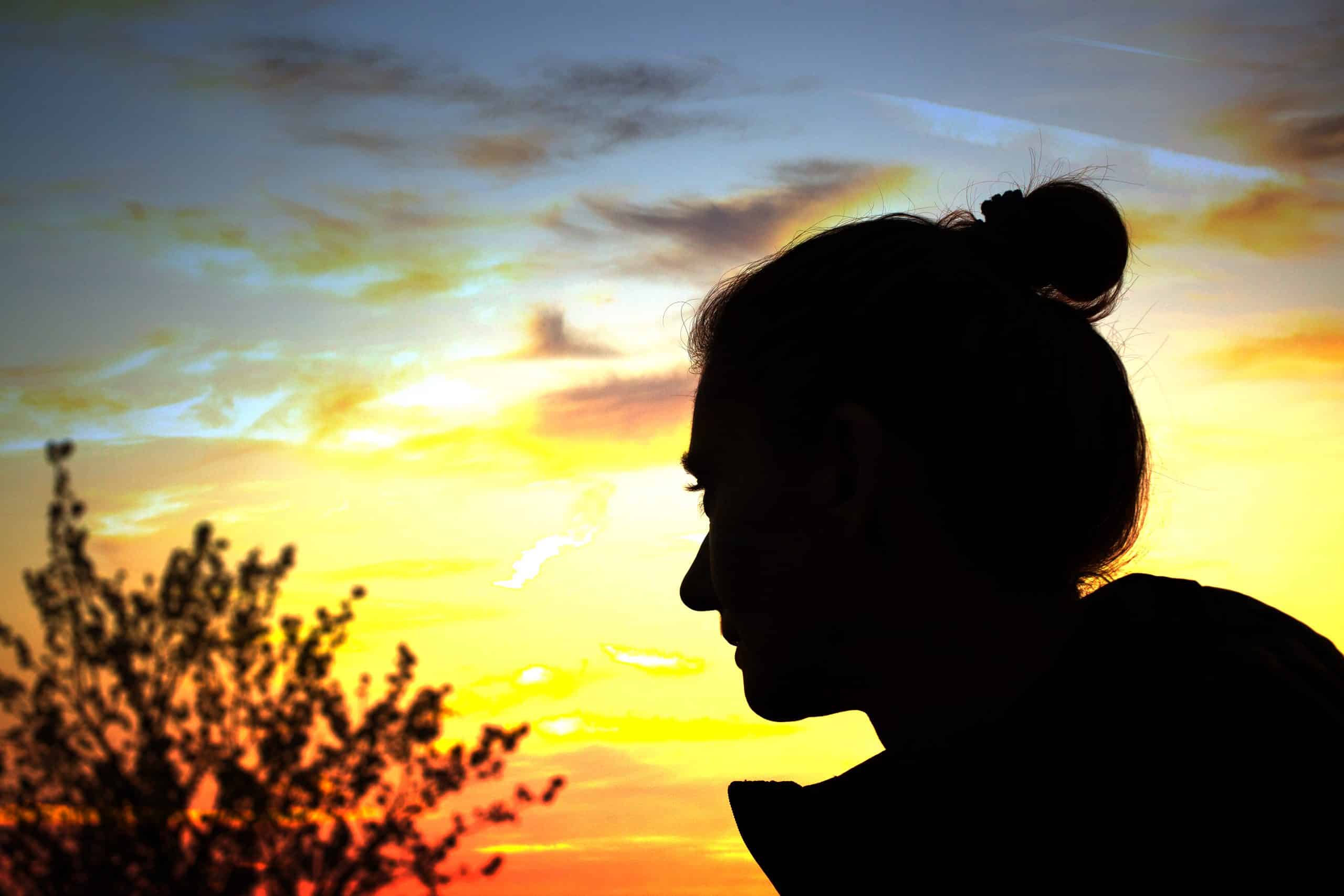 a silhouette of a person's head against a sunset